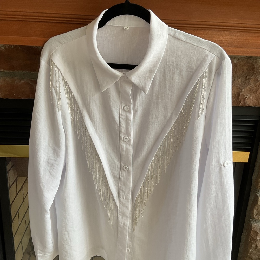 White Beaded Fringe Button-Up Shirt